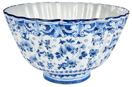Large English Delft Blue and White Lobed Punch Bowl