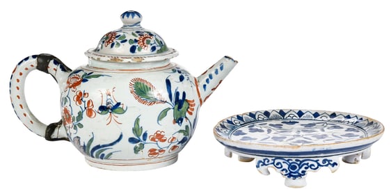 English Delft Polychrome Lidded Teapot and Blue and White Footed Stand