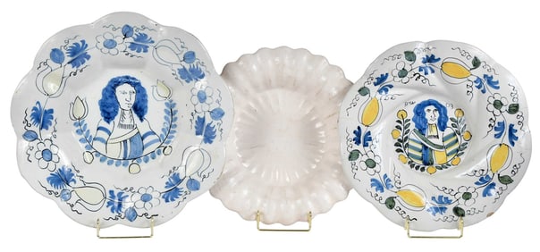 Three Dutch Delft Lobed Dishes, Two Prince William II