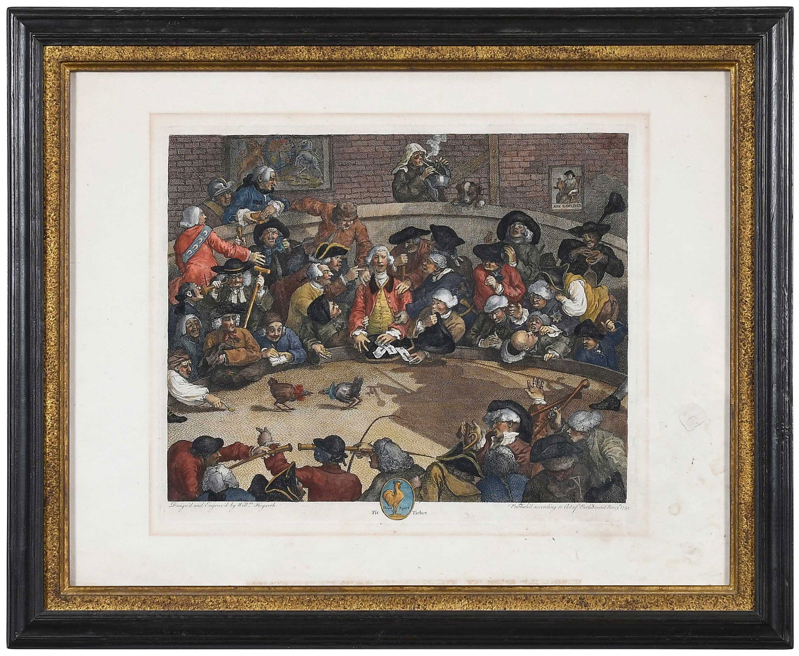 William Hogarth, Pit Ticket: (British, 1698-1794) or The Cockpit, 1759, hand-colored engraving on heavy laid paper, plate 12-1/2 x 15 in., sheet 16-3/4 x 22-3/4 in.; brown print frame, 20-1/4 x 25 x 1 in. Provenance: Collection o