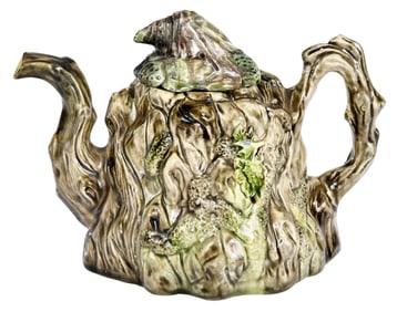 Staffordshire Lead Glazed Tree Trunk Form Covered Teapot