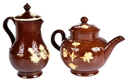 Staffordshire Glazed Redware Astbury Type Lidded Teapot and Pitcher