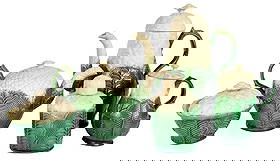 Six Staffordshire Cauliflower Creamware Serving Pieces: 18th century, comprising: coffee pot, teapot, creamer, tea caddy, lidded sugar bowl, largest 9-1/2 x 7-3/4 x 4-3/4 in. Provenance: Pook & Pook, Pennsylvania, Americana & International Auction - Sessio