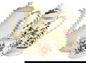 Three Staffordshire Creamware Serving Pieces: English, possibly Leeds, 18th century, comprising: two coffee pots, teapot, largest 8-1/2 x 8-1/2 x 5 in. Provenance: (larger coffee pot) Tennants Auctioneers, North Yorkshire, England, Country House