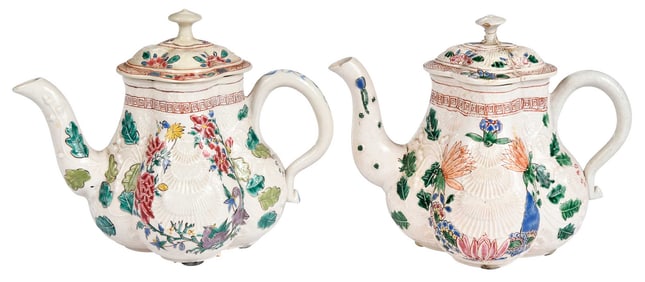 Two Staffordshire Salt Glazed Enamel Decorated Teapots