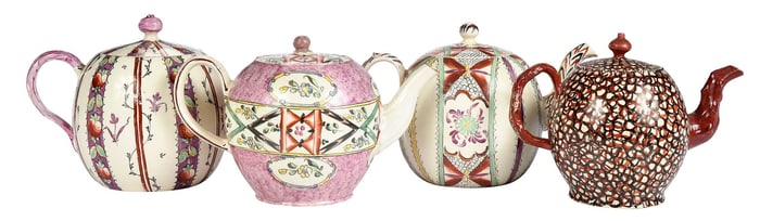 Four Chintz Pattern Staffordshire and Wedgwood Teapots