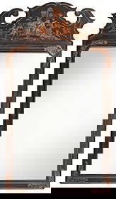 Queen Anne Japanned Mirror: probably British, early 18th century, japanned frame with scrolled crest depicting courtiers in gilt, 25-1/2 x 14-1/2 in. Provenance: Collection of John B. and Marie-Teresa Vander Sande, Newbury, Mass