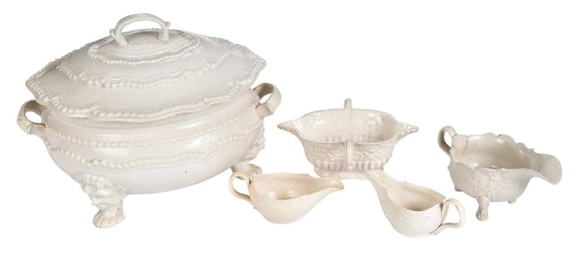 Five English White Salt Glazed Table Objects