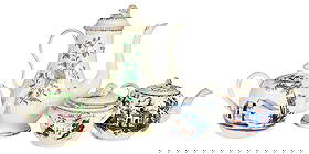 Four English Creamware Service Pieces: 18th century, various landscape, figural, and floral decoration, comprising: two teapots, covered bowl, and coffee pot, largest 9-1/2 x 7 x 4-3/4 in. Provenance: (coffee pot) Skinner, British Pottery