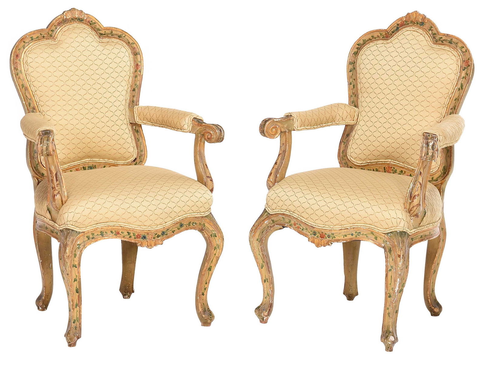 Pair of Italian Louis XV Paint Decorated and Gilt Open Arm Chairs (1 of 14)