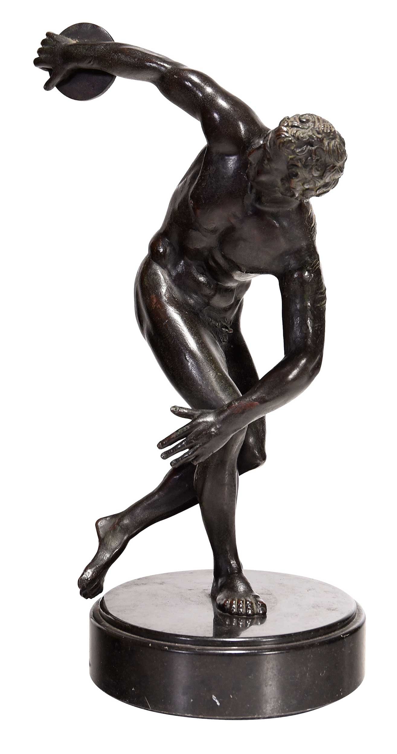 Italian School Bronze Discus Thrower: (19th century or earlier) Discobolus, after the Greek antique by Myron, 460-450 BC, known through Roman marble copies, unsigned, patinated bronze on black marble base, 13-3/8 x 8 x 5-3/4 in. Provenanc