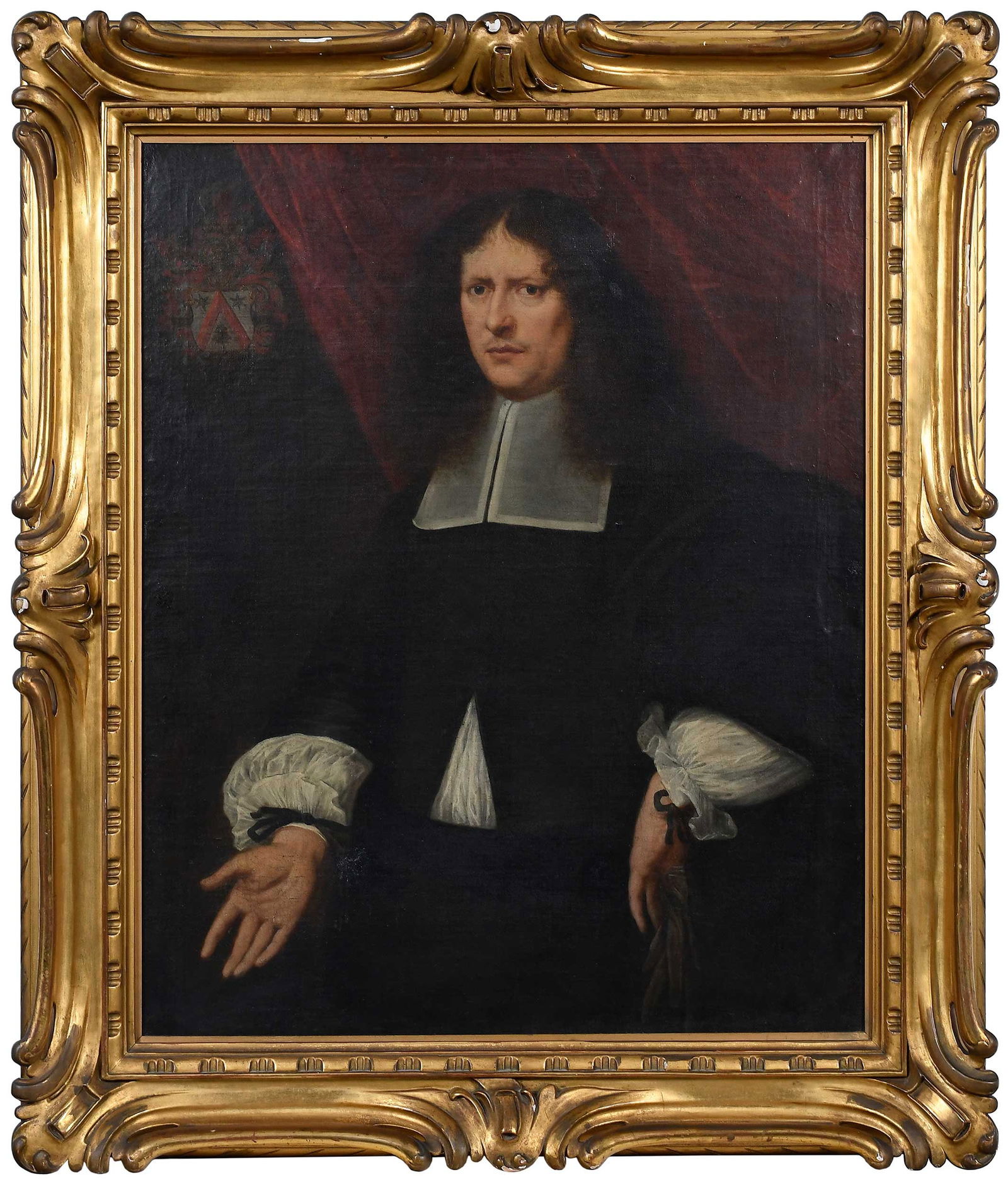 Dutch, Flemish, or German School Portrait *: (17th century) Portrait of a Gentleman, heraldic crest a silver shield with a red chevron positioned between two mullets at the top and a tree at the bottom., profile helmet, Argent and Gules, with wi