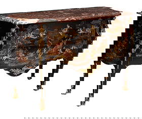 Very Fine Louis XV Lacquer Decorated and Bronze Mounted Petite Commode: probably French, 20th century, marble top over two serpentine dovetailed drawers with oak linings, lacquered chinoiserie decoration and gilt bronze mounts, 33-1/4 x 49 x 19-1/2 in. Provenance: Private
