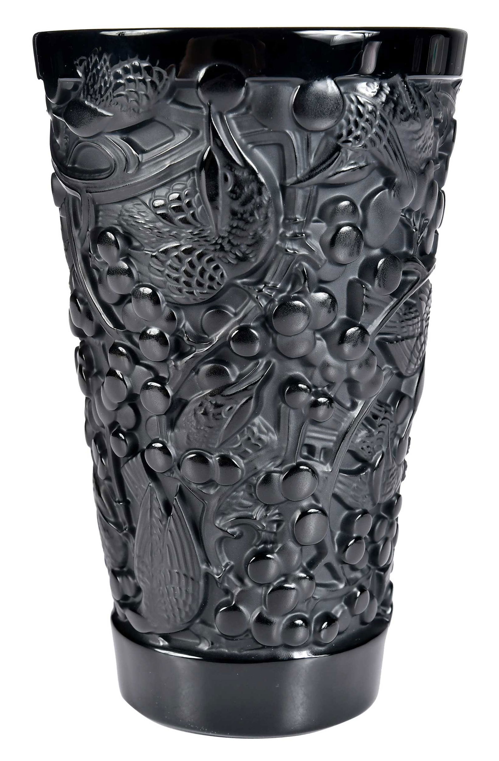 Lalique Merles et Raisins Vase: French, 21st century, molded and acid etched glass, inscribed at base "Lalique France/YYOM", 8-3/4 x 5-1/2 x 5-1/2 in.; in original box, 7-3/8 x 13-3/8 x 8-1/4 in. Provenance: Private Collection