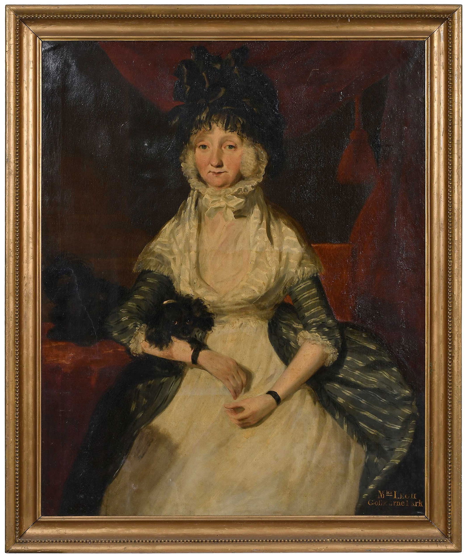 British School Portrait, Mrs. Legh With Her Spaniel: (18th century) Charlotte Elizabeth Legh (nee Egerton, circa 1720-1801), circa 1785, inscribed lower right "Mrs. Legh/Golbourne Park", oil on canvas, 50 x 40 in.; gilt wood and composition frame, 56-1/