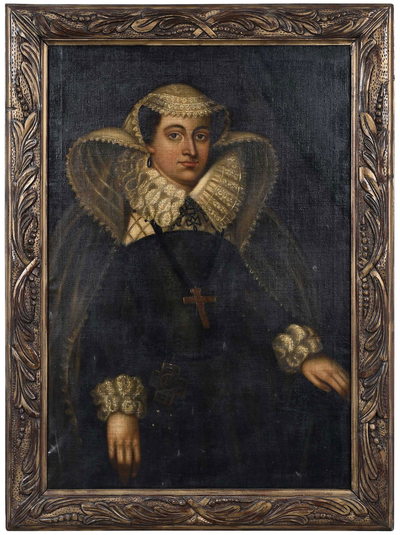 British School Portrait, Mary Queen of Scots: (18th century or earlier) A three-quarter standing portrait of the imprisoned Mary in circa 1578 costume, unsigned, oil on canvas, 42 x 28-5/8 in.; early 20th century carved and gilt wood frame, 48 x