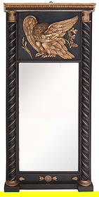 Impressive Classical Eagle Carved Gilt and Ebonized Pier Mirror: British, 19th century, dramatically carved spread wing eagle, beveled mirror plate, 76 x 33 x 3-3/4 in. Provenance: Private Collection