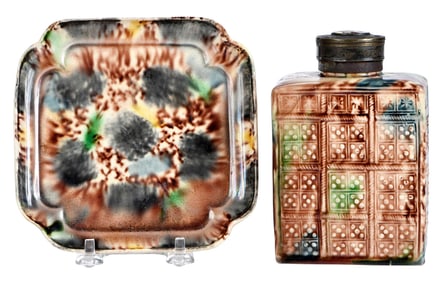 Whieldon Type Tortoise Shell Glazed Tea Caddy and Teapot Stand