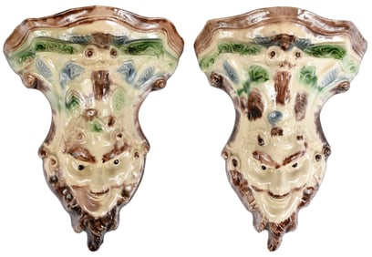 Pair of Whieldon Type Satyr and Dolphin Mask Wall Pockets