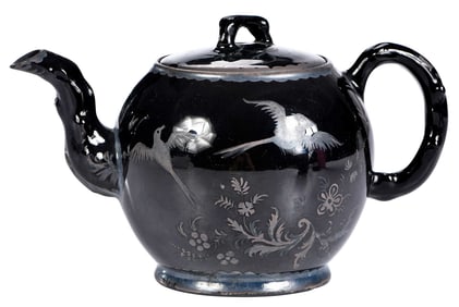 Jackfield Black Glazed Teapot with Enameled Decoration