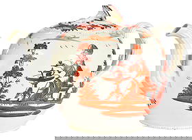 English Creamware Pottery Teapot and Cover, Miss Pitt: mid to late 18th century, double strap woven handle, strong underglaze red depicting Miss Pitt taking afternoon tea, 5-1/2 x 8-1/4 x 4-3/4 in. Provenance: Art Trading Ltd. New York, NY, May 17, 1991 (