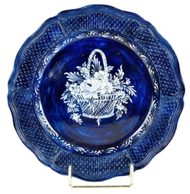 Rare English Cobalt Ground Plate with White Enamel Flower Basket