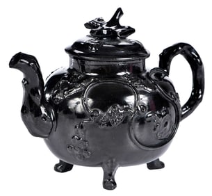 Jackfield Black Glazed Teapot with Relief Molded Decoration