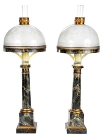 Fine Pair of Faux Marbleized Painted Tole Sinumbra Lamps, Hirschl & Adler Provenance