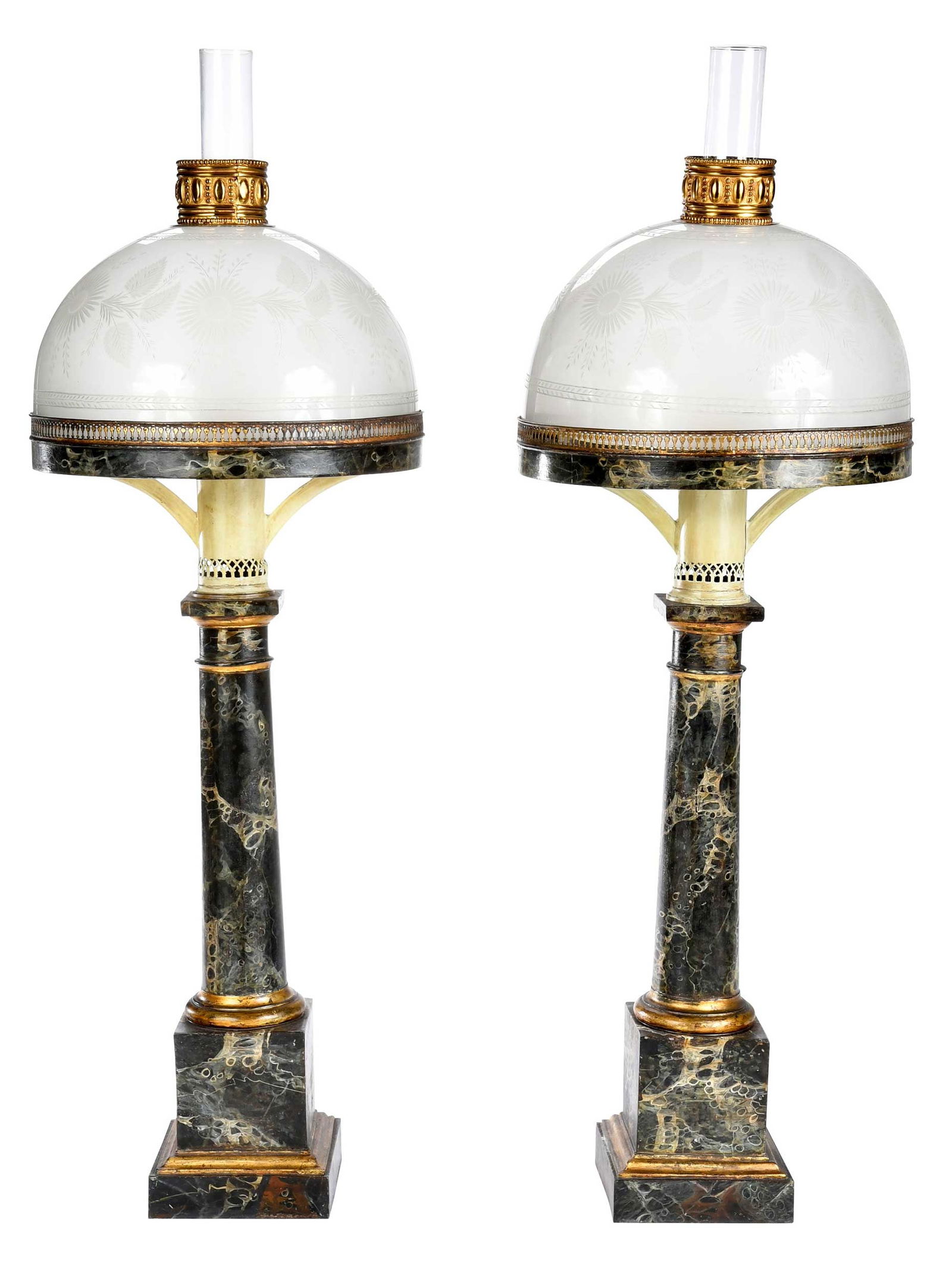 Fine Pair of Faux Marbleized Painted Tole Sinumbra Lamps, Hirschl & Adler Provenance: 19th century, etched glass shades, glass chimneys, approx. 31-1/2 x 10-1/4 x 10-1/4 in., wired for electricity Provenance: Hirschl & Adler Galleries, Inc., New York, New York, July 8, 1999 (accompanie