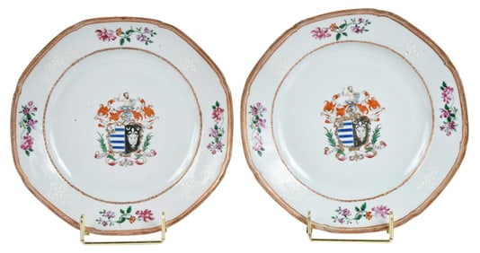 Pair of Chinese Export Armorial Porcelain Plates, Hotham and Morley