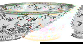 Chinese Export Famille Rose Porcelain Punch Bowl: 18th century, gilt and enamel decoration, 5 x 12-1/8 x 12-1/8 in. Provenance: Jacob Stodel Antiques, London, England, February 7, 1996 (accompanied by copy of receipt); Collection of Karen Shackleford