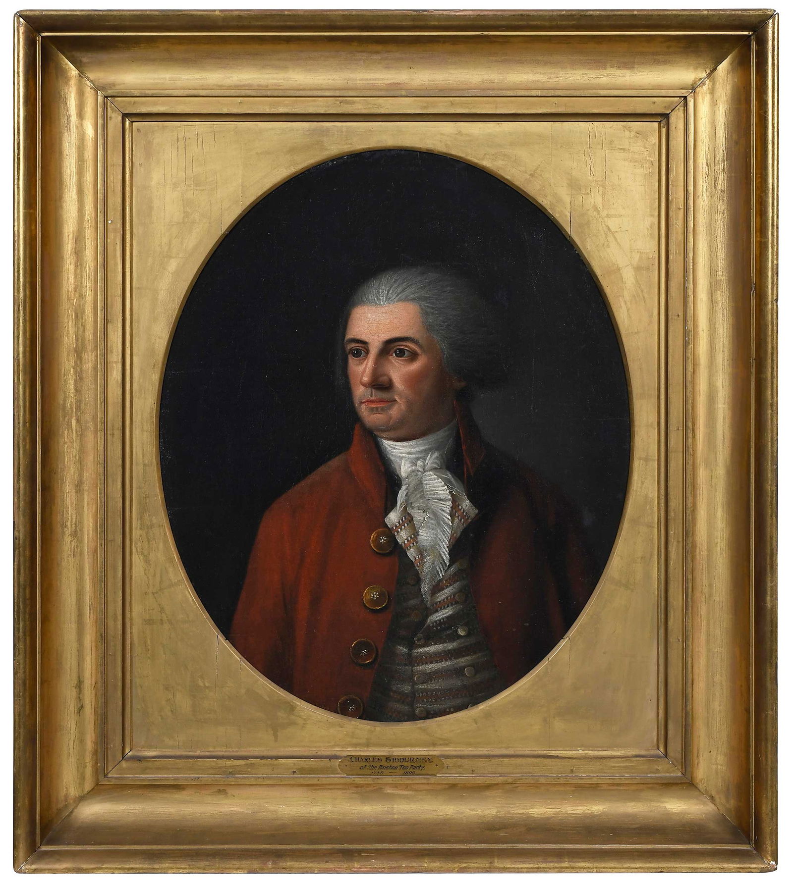 Portrait of Charles Sigourney, Boston Tea Party Figure: (American, 18th/19th century) Possibly by John Trumbull, (1756-1843), unsigned, oil on canvas, 28-1/2 x 23-1/4 in.; original carved gilt wood frame with oval spandrel, 40 x 35 x 5-1/4 in. Provenance: