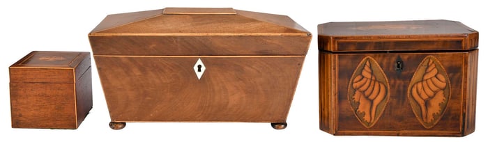 Three Inlaid Wood Tea Caddies of Varying Size and Form