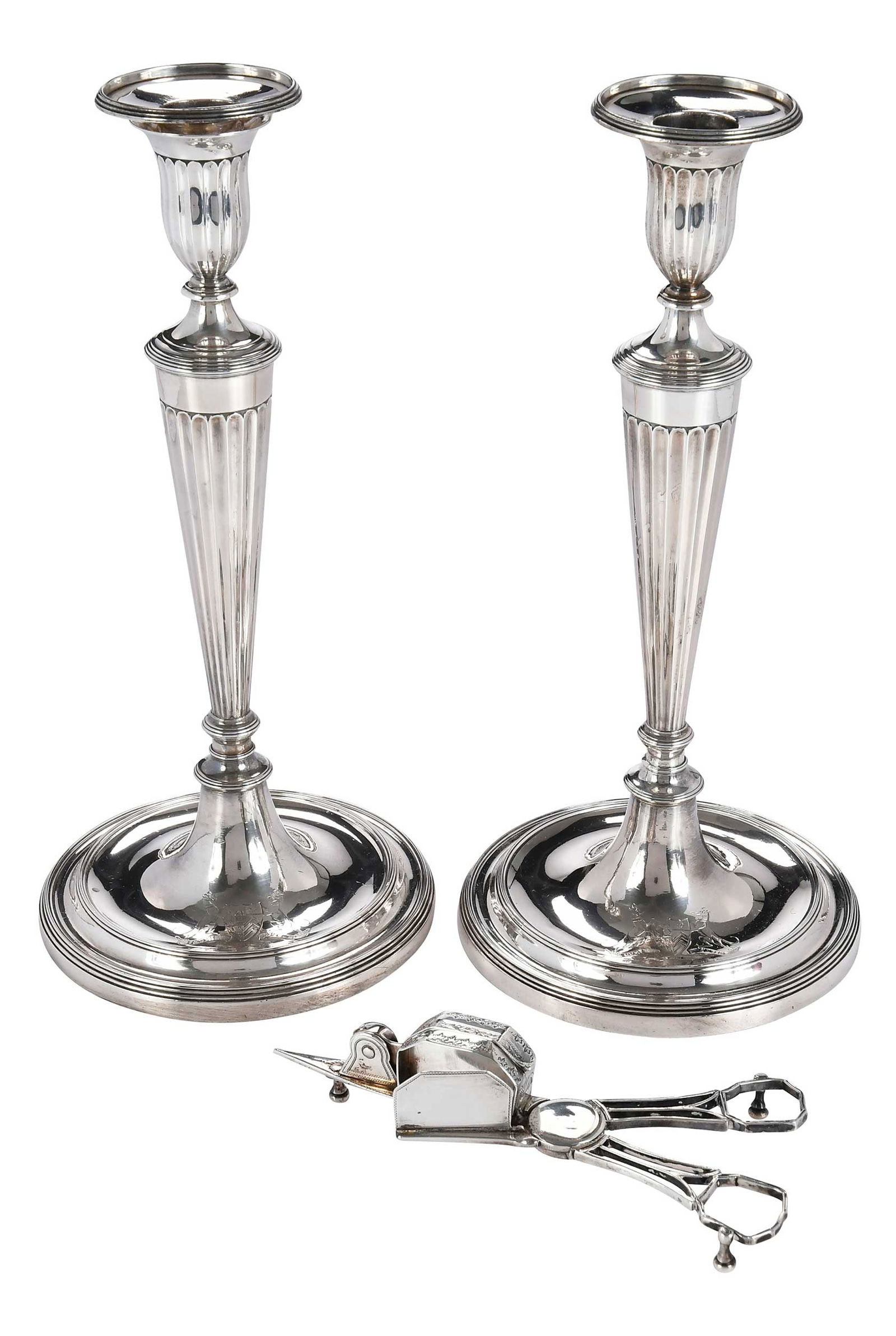 Pair of George III English Silver Candlesticks, John Schofield, Pair of English Silver Snuffers (1 of 16)