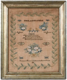 Philadelphia Silk on Linen Needlework Sampler with Poem, Christianna Barger