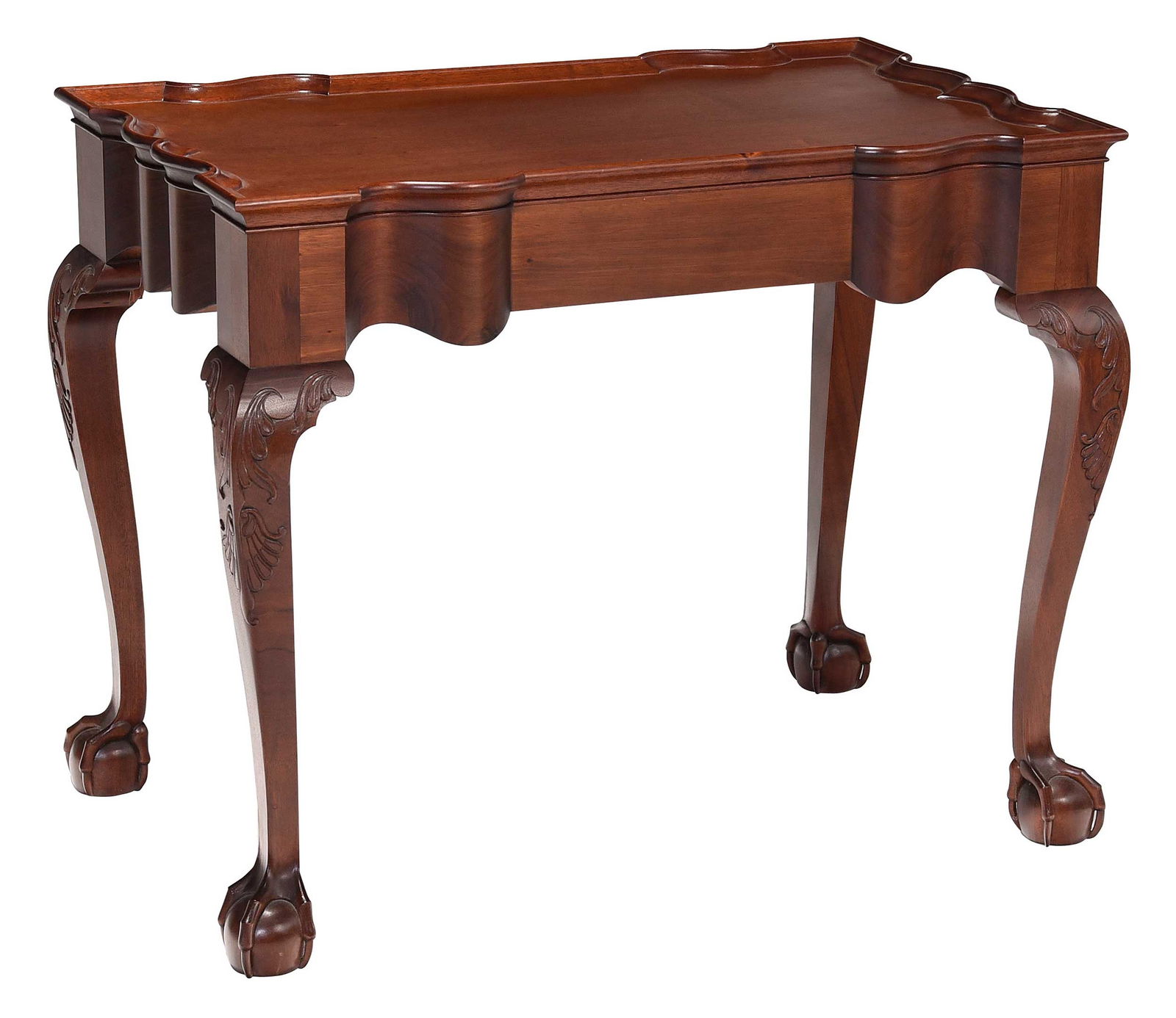John Goddard Newport Style Carved Mahogany Tea Table: bench made modern reproduction by Mac Headley, finely crafted and true to the original with open talon feet, 27 x 34 x 21 in. Provenance: With copy of receipt from Mack S. Headley & Sons, April 2000;