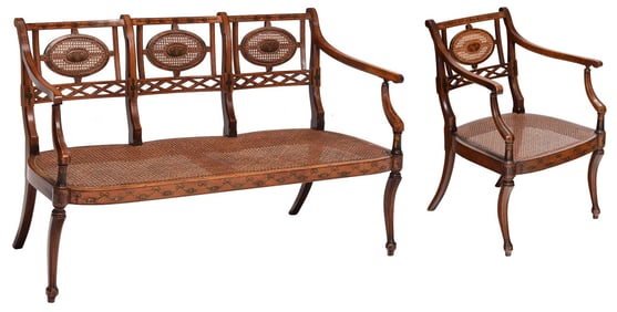 Edwardian Paint Decorated and Caned Mahogany Settee and Matching Armchair