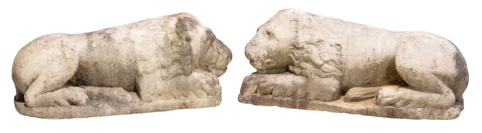 Pair of Carved Marble Recumbent Garden Lions