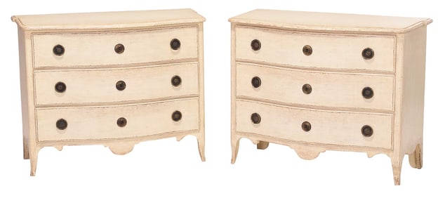 Pair of Swedish Style White Painted Serpentine Three Drawer Bedside Chests