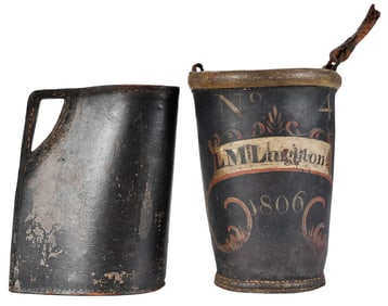 Two Early Leather Vessels, Water Pitcher and Fire Bucket
