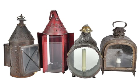 Four Early Large Pierced Sheet Metal Lanterns