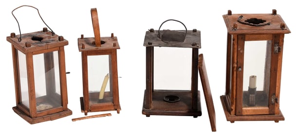 Four Early Wood and Glass Lanterns