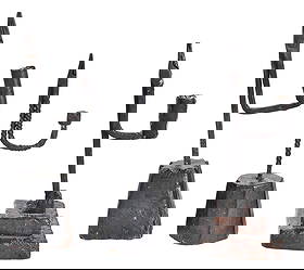 Three Primitive Rush Lights: 18th century, iron on wood bases, two lights with candle cups; stepped base example English attributed; tallest 12-1/4 x 5 x 3 in. Provenance: (stepped base example) Alistair Sampson Antiques Ltd, Lon