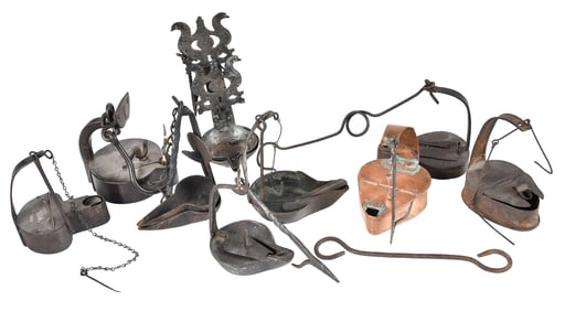 Nine Early Metal Betty Lamps