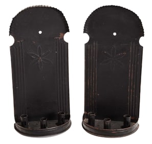 Pair of Black Painted Tin Three Light Wall Sconces