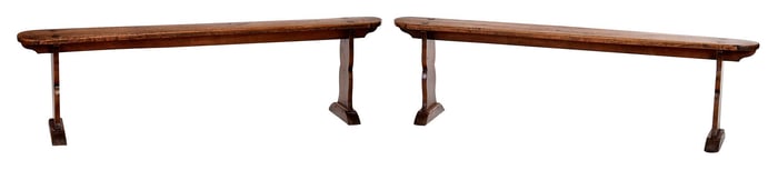 Pair Patinated Fruitwood Trestle Form Benches