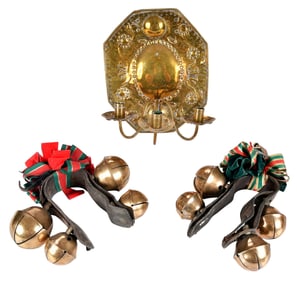 Brass Repousse Three Light Wall Sconce, with Sleighbells