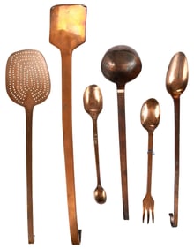 Six Large Copper and Bronze Kitchen Utensils