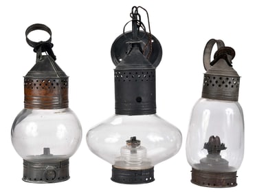 Three Early Tin and Glass Hanging Lanterns