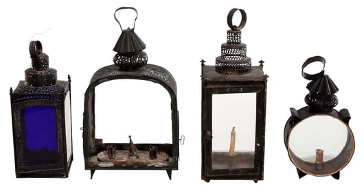 Four Glass and Tin Hanging Lanterns
